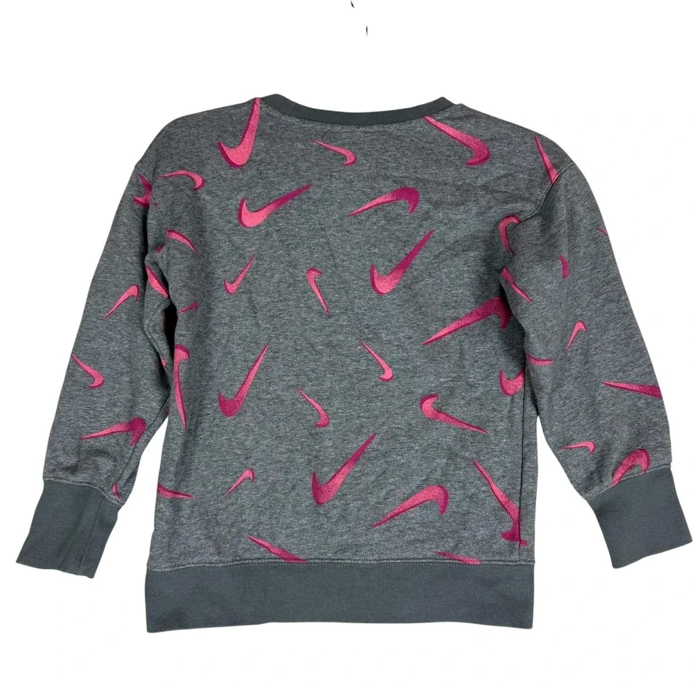 Nike Sweatshirt Kids XS Gray Pullover Fleece Allover‎ Swoosh Logo Graphic